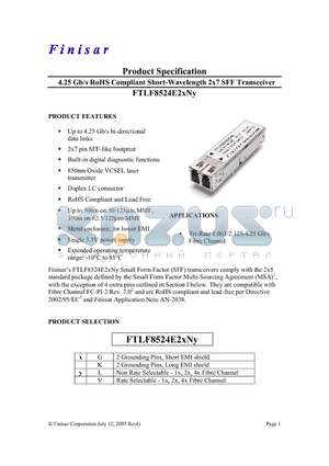 FTLF8524E2KNV datasheet - 4.25 Gb/s RoHS Compliant Short-Wavelength 2x7 SFF Transceiver