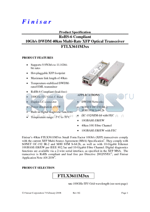FTLX3611M329 datasheet - RoHS-6 Compliant 10Gb/s DWDM 40km Multi-Rate XFP Optical Transceiver