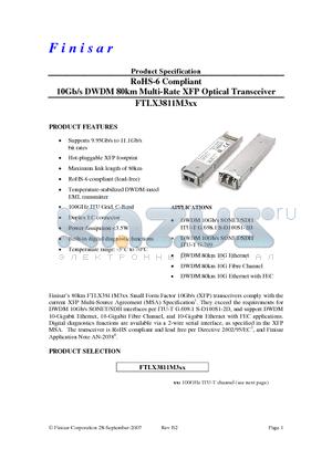FTLX3811M329 datasheet - RoHS-6 Compliant 10Gb/s DWDM 80km Multi-Rate XFP Optical Transceiver