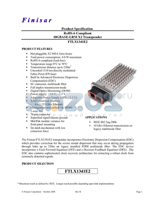 FTLX1341E2 datasheet - RoHS-6 Compliant 10GBASE-LRM X2 Transponder