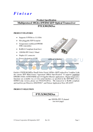 FTLX3812M348 datasheet - Multiprotocol 10Gb/s DWDM XFP Optical Transceiver