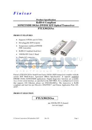 FTLX3812S332 datasheet - RoHS-6 Compliant SONET/SDH 10Gb/s DWDM XFP Optical Transceiver