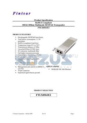 FTLX8561E2 datasheet - RoHS-6 Compliant 10Gb/s 850nm Multimode XENPAK Transponder