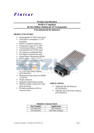 FTLX8541F2 datasheet - RoHS-6 Compliant 10 Gb/s 850nm Multimode X2 Transponder