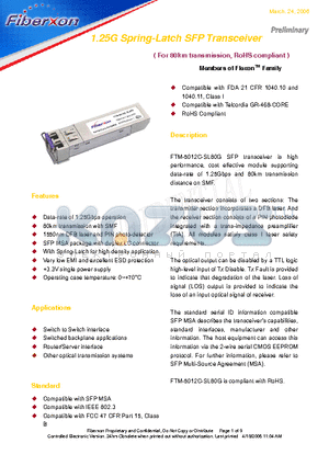 FTM-5012C-SL80G datasheet - 1.25G Spring-Latch SFP Transceiver