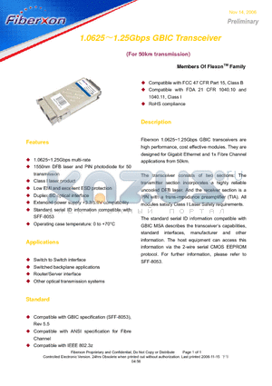 FTM-5012S-G50G datasheet - 1.06251.25Gbps GBIC Transceiver