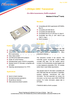 FTM-5012S-G80G datasheet - 1.25Gbps GBIC Transceiver