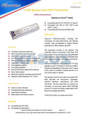 FTM-5112C-SL30G datasheet - 1.25G Spring-Latch SFP Transceiver