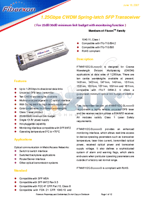 FTM-6112C-SL10055G datasheet - 1.25Gbps CWDM Spring-latch SFP Transceiver
