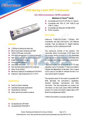 FTM-5112C-SL50G datasheet - 1.25G Spring-Latch SFP Transceiver
