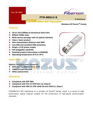 FTM-8001C-S datasheet - 155M 850nm SFP Transceiver