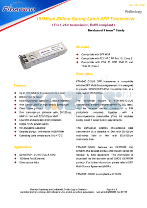 FTM-8001C-SLG datasheet - 155Mbps 850nm Spring-Latch SFP Transceiver
