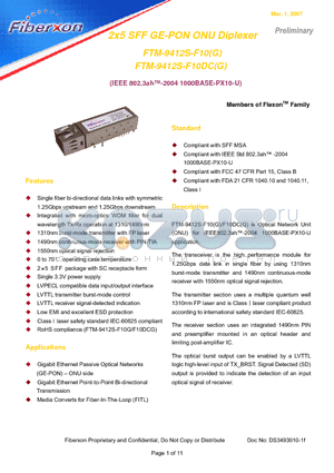 FTM-9412S-F10 datasheet - 2x5 SFF GE-PON ONU Diplexer