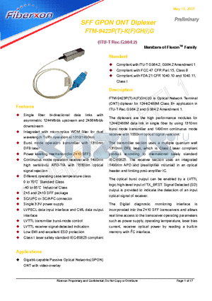 FTM-9423P-KGHIG datasheet - SFF GPON ONT Diplexer