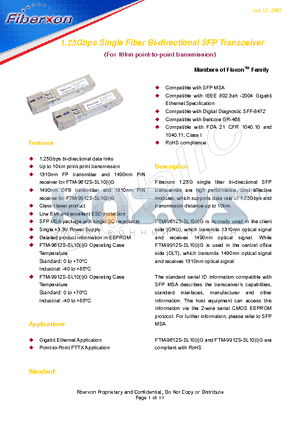 FTM-9612S-SL10IG datasheet - 1.25Gbps Single Fiber Bi-directional SFP Transceiver