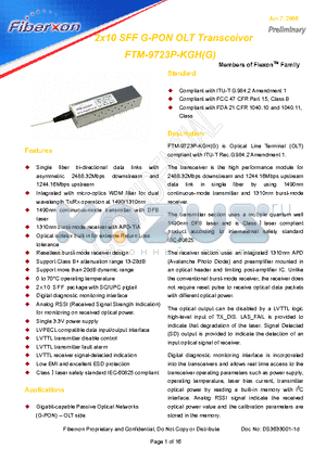 FTM-9723P-KGHG datasheet - 2x10 SFF G-PON OLT Transceiver