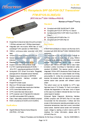 FTM-9712S-SL20G datasheet - SC Receptacle SFP GE-PON OLT Transceiver