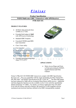 FTR-1621-57 datasheet - WDM Multi-rate GBIC Transceiver with APD Receiver