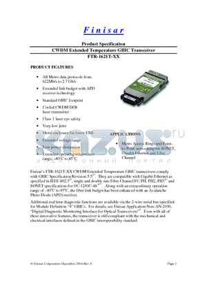 FTR-1621T-49 datasheet - CWDM Extended Temperature GBIC Transceiver