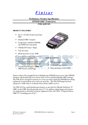 FTR-1629-18 datasheet - DWDM GBIC Transceiver