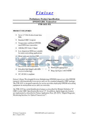 FTR-1631-41 datasheet - DWDM GBIC Transceiver