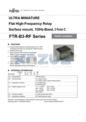 FTR-B3GB003Z-RF datasheet - ULTRA MINIATURE Flat High-Frequency Relay Surface mount, 1GHz-Band, 2 Form C
