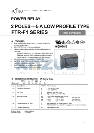 FTR-F1AA018V datasheet - POWER RELAY 2 POLES-5 A LOW PROFILE TYPE