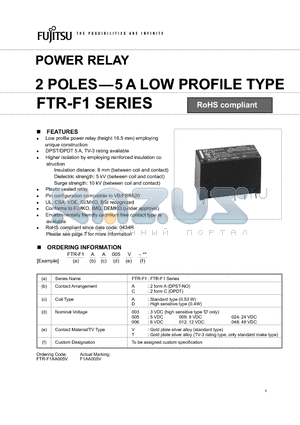 FTR-F1AA024T datasheet - POWER RELAY 2 POLES- 5A LOW PROFILE TYPE