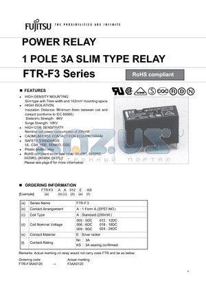 FTR-F3AA009E datasheet - POWER RELAY 1 POLE 3A SLIM TYPE RELAY