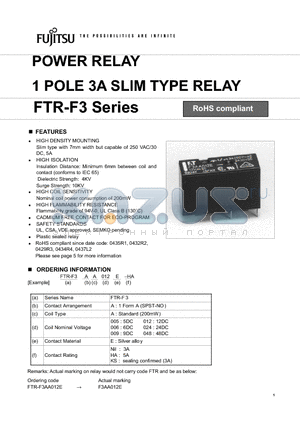 FTR-F3AA012ENIL datasheet - 1 POLE 3A SsLIM TYPE RELAY