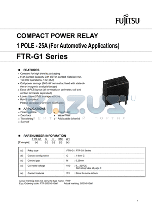 FTR-G1CN009W1 datasheet - COMPACT POWER RELAY 1 POLE - 25A (For Automotive Applications)