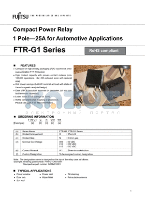 FTR-G1CN009W1 datasheet - Compact Power Relay 1 Pole-25A for Automotive Applications