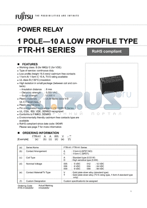 FTR-H1 datasheet - POWER RELAY 1 POLE-10 A LOW PROFILE TYPE
