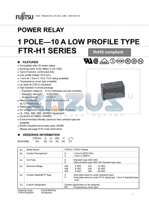 FTR-H1 datasheet - POWER RELAY 1 POLE-10 A LOW PROFILE TYPE