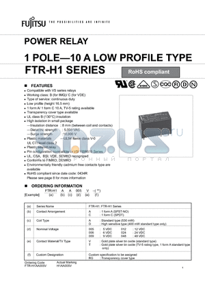 FTR-H1AD005TRG datasheet - POWER RELAY 1 POLE-10 A LOW PROFILE TYPE