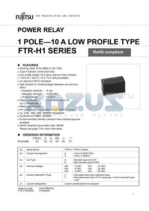 FTR-H1CD006V datasheet - POWER RELAY 1 POLE-10 A LOW PROFILE TYPE