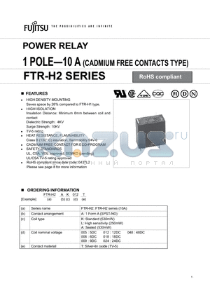 FTR-H2AK009T datasheet - POWER RELAY 1 POLE-10 A (CADMIUM FREE CONTACTS TYPE)