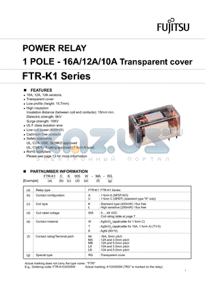 FTR-K1CK005E-LB-RG datasheet - POWER RELAY 1 POLE - 16A/12A/10A Transparent cover
