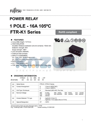 FTR-K1CK006T-HT datasheet - POWER RELAY 1 POLE - 16A 105C