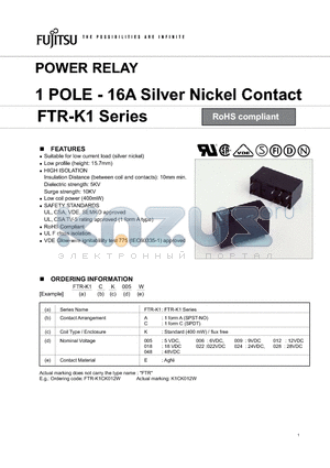 FTR-K1CK028E datasheet - POWER RELAY 1 POLE - 16A Silver Nickel Contact