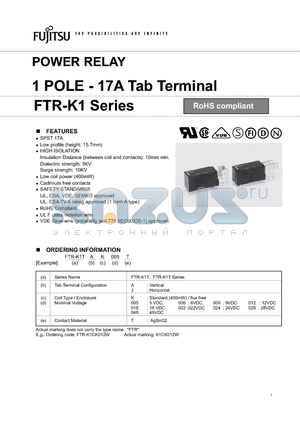 FTR-K1TAK005T datasheet - POWER RELAY 1 POLE - 17A Tab Terminal
