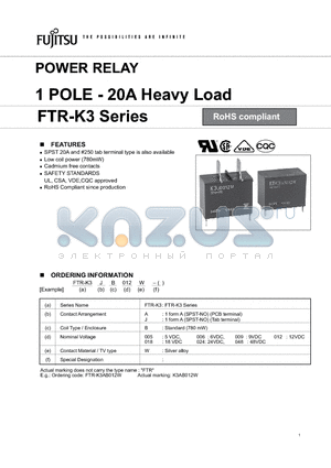 FTR-K3AB009W datasheet - POWER RELAY 1 POLE - 20A Heavy Load
