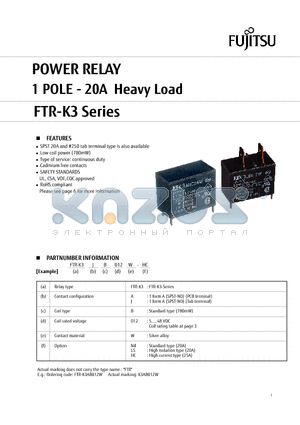 FTR-K3AB018W-NIL datasheet - POWER RELAY 1 POLE - 20A Heavy Load