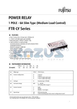 FTR-LYAA006VSK datasheet - POWER RELAY 1 POLE - 6A Slim Type (Medium Load Control)