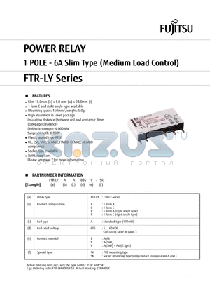 FTR-LYAA012YNIL datasheet - POWER RELAY 1 POLE - 6A Slim Type (Medium Load Control)