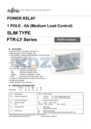 FTR-LYCA012VSK datasheet - POWER RELAY 1 POLE - 6A (Medium Load Control) SLIM TYPE