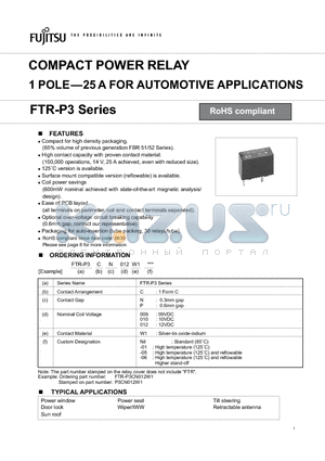 FTR-P3CP012W1-05 datasheet - COMPACT POWER RELAY 1 POLE-25 A FOR AUTOMOTIVE APPLICATIONS
