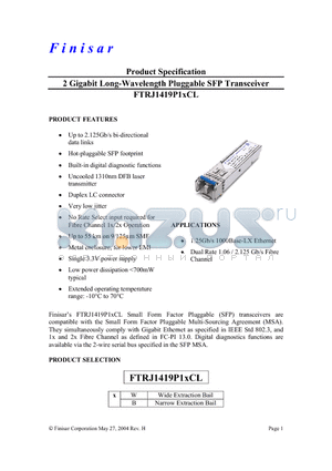 FTRJ1419P1BCL datasheet - 2 Gigabit Long-Wavelength Pluggable SFP Transceiver