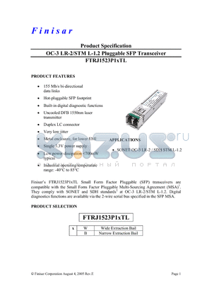 FTRJ1523P1BTL datasheet - OC-3 LR-2/STM L-1.2 Pluggable SFP Transceiver