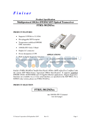 FTRX-3812M318 datasheet - Multiprotocol 10Gb/s DWDM XFP Optical Transceiver